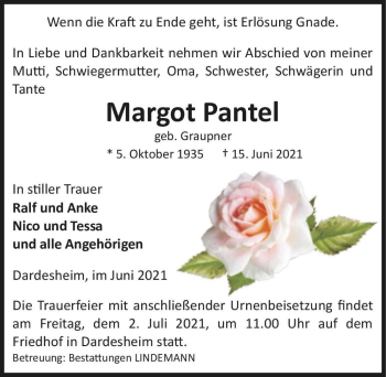 Traueranzeige von Margot Pantel (geb. Graupner)  von Magdeburger Volksstimme