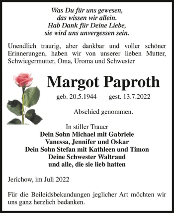 Traueranzeige von Margot Paproth  von Magdeburger Volksstimme