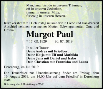 Traueranzeige von Margot Paul  von Magdeburger Volksstimme