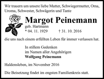 Traueranzeige von Margot Peinemann (geb. Hartmann)  von Magdeburger Volksstimme