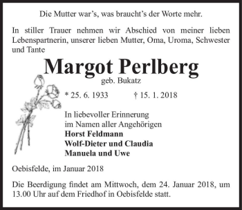 Traueranzeige von Margot Perlberg (geb. Bukatz)  von Magdeburger Volksstimme