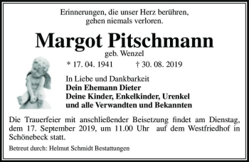 Traueranzeige von Margot Pitschmann (geb. Wenzel)  von Magdeburger Volksstimme