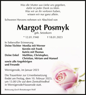 Traueranzeige von Margot Posmyk Deine Enkel (geb. Setzekorn)  von Magdeburger Volksstimme