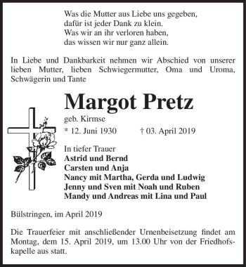 Traueranzeige von Margot Pretz (geb. Kirmse)  von Magdeburger Volksstimme
