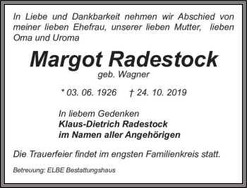 Traueranzeige von Margot Radestock (geb. Wagner)  von Magdeburger Volksstimme