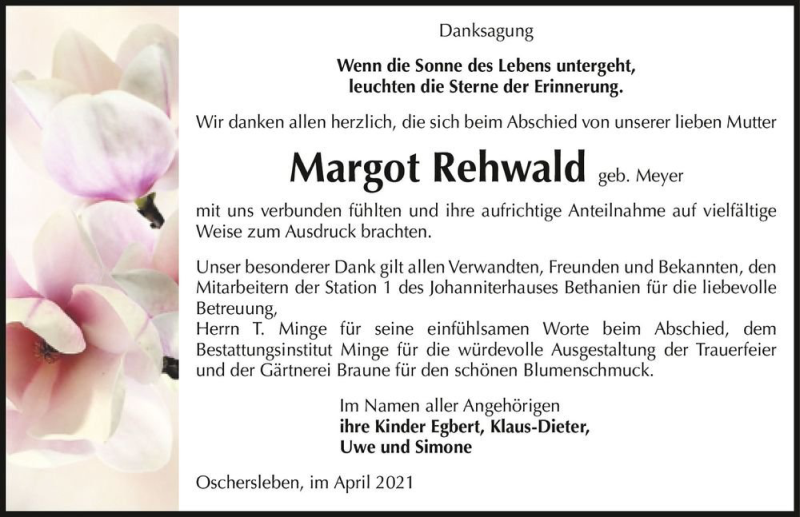  Traueranzeige für Margot Rehwald (geb. Meyer)  vom 24.04.2021 aus Magdeburger Volksstimme