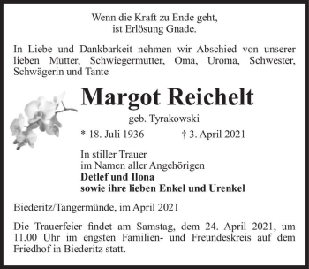 Traueranzeige von Margot Reichelt (geb. Tyrakowski)  von Magdeburger Volksstimme