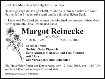 Traueranzeige von Margot Reinecke (geb. Violet)  von Magdeburger Volksstimme