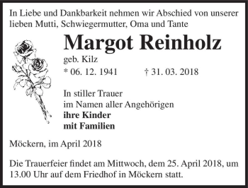 Traueranzeige von Margot Reinholz (geb. Kilz)  von Magdeburger Volksstimme