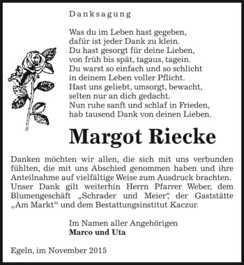 Traueranzeige von Margot Riecke  von Magdeburger Volksstimme