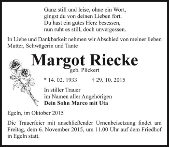 Traueranzeige von Margot Riecke (geb. Plickert)  von Magdeburger Volksstimme
