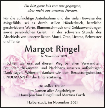 Traueranzeige von Margot Ringel  von Magdeburger Volksstimme