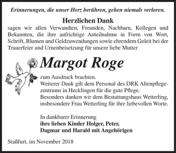 Traueranzeige von Margot Roge  von Magdeburger Volksstimme