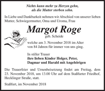 Traueranzeige von Margot Roge (geb. Scheide)  von Magdeburger Volksstimme