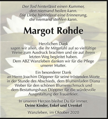 Traueranzeige von Margot Rohde  von Magdeburger Volksstimme