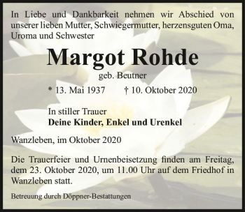 Traueranzeige von Margot Rohde (geb. Beutner)  von Magdeburger Volksstimme