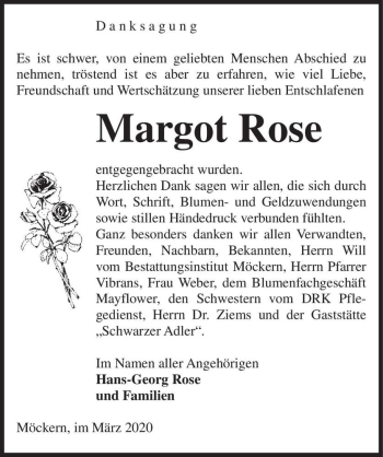 Traueranzeige von Margot Rose  von Magdeburger Volksstimme
