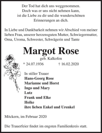 Traueranzeige von Margot Rose (geb. Kalkofen)  von Magdeburger Volksstimme