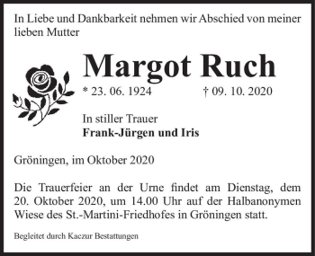 Traueranzeige von Margot Ruch  von Magdeburger Volksstimme