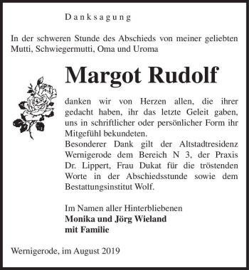 Traueranzeige von Margot Rudolf  von Magdeburger Volksstimme