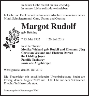 Traueranzeige von Margot Rudolf (geb. Brüning)  von Magdeburger Volksstimme