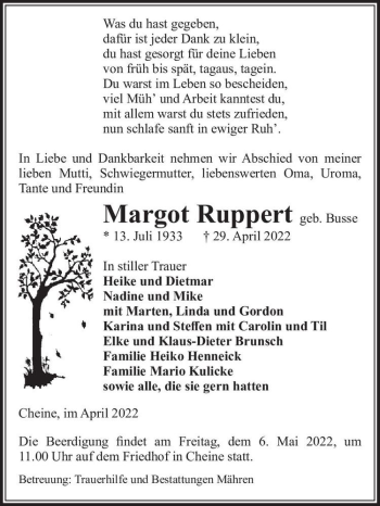 Traueranzeige von Margot Ruppert (geb. Busse)  von Magdeburger Volksstimme
