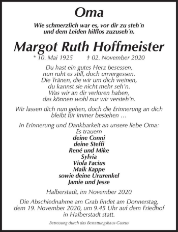 Traueranzeige von Margot Ruth Hoffmeister  von Magdeburger Volksstimme