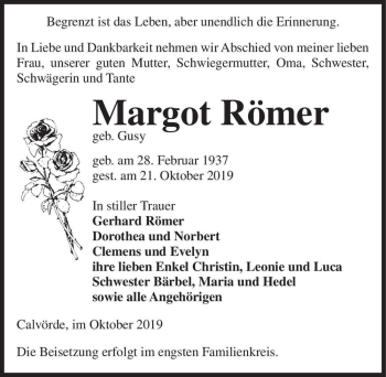 Traueranzeige von Margot Römer (geb. Gusy)  von Magdeburger Volksstimme