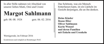 Traueranzeige von Margot Sahlmann  von Magdeburger Volksstimme