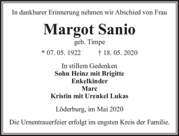 Traueranzeige von Margot Sanio (geb. Timpe)  von Magdeburger Volksstimme