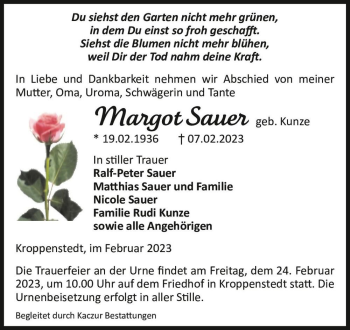 Traueranzeige von Margot Sauer (geb. Kunze)  von Magdeburger Volksstimme