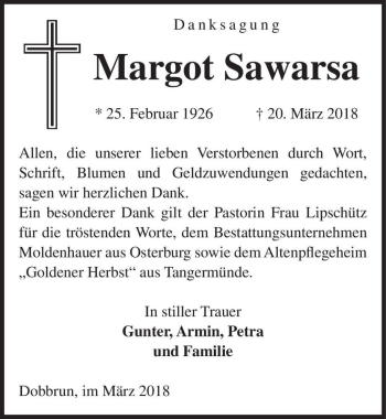Traueranzeige von Margot Sawarsa  von Magdeburger Volksstimme
