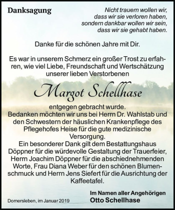 Traueranzeige von Margot Schellhase  von Magdeburger Volksstimme