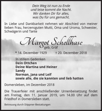Traueranzeige von Margot Schellhase (geb. Gräf)  von Magdeburger Volksstimme