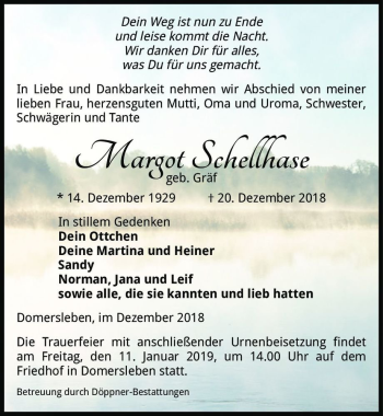 Traueranzeige von Margot Schellhase (geb. Gräf)  von Magdeburger Volksstimme