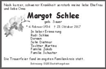 Traueranzeige von Margot Schlee (geb. Sauer)  von Magdeburger Volksstimme