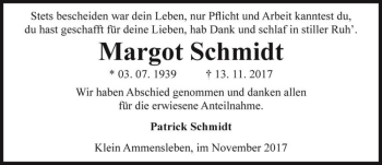 Traueranzeige von Margot Schmidt  von Magdeburger Volksstimme