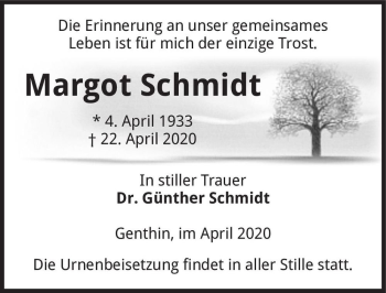 Traueranzeige von Margot Schmidt  von Magdeburger Volksstimme