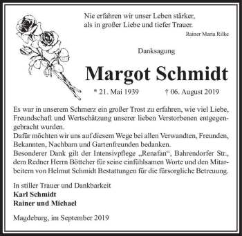 Traueranzeige von Margot Schmidt  von Magdeburger Volksstimme