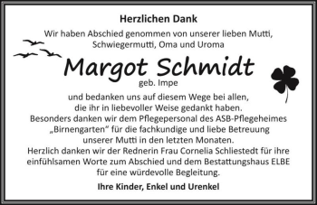 Traueranzeige von Margot Schmidt (geb. Impe)  von Magdeburger Volksstimme