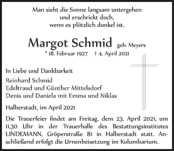 Traueranzeige von Margot Schmidt (geb. Meyers)  von Magdeburger Volksstimme