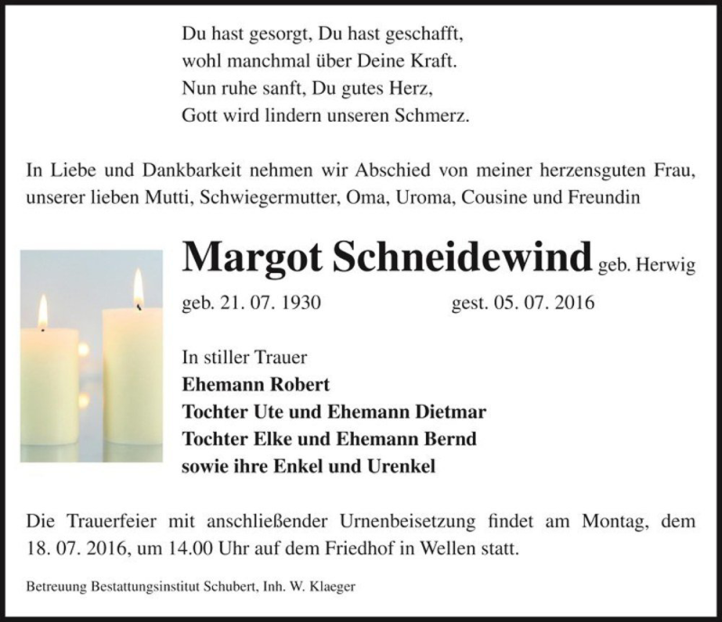  Traueranzeige für Margot Schneidewind (geb. Herwig)  vom 13.07.2016 aus Magdeburger Volksstimme