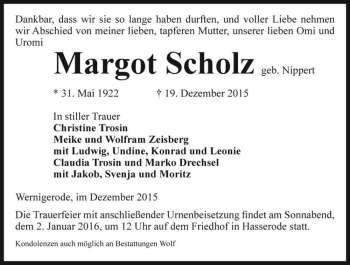 Traueranzeige von Margot Scholz (geb. Nippert)  von Magdeburger Volksstimme