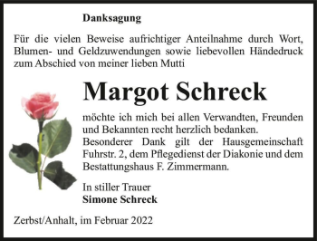 Traueranzeige von Margot Schreck  von Magdeburger Volksstimme