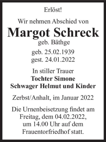 Traueranzeige von Margot Schreck (geb. Bäthge)  von Magdeburger Volksstimme