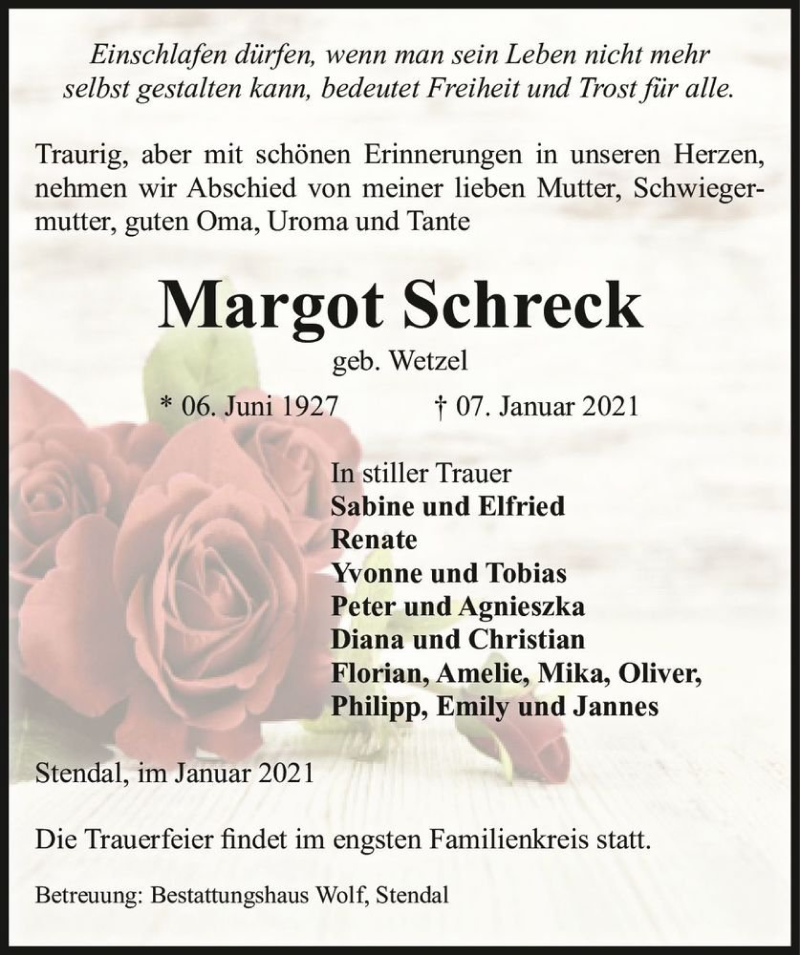  Traueranzeige für Margot Schreck (geb. Wetzel)  vom 16.01.2021 aus Magdeburger Volksstimme