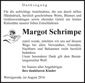 Traueranzeige von Margot Schrimpe  von Magdeburger Volksstimme