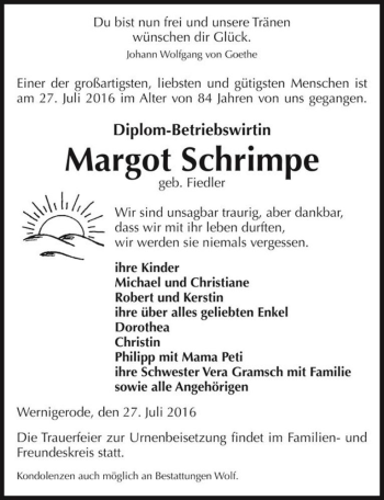 Traueranzeige von Margot Schrimpe (geb. Fiedler)  von Magdeburger Volksstimme