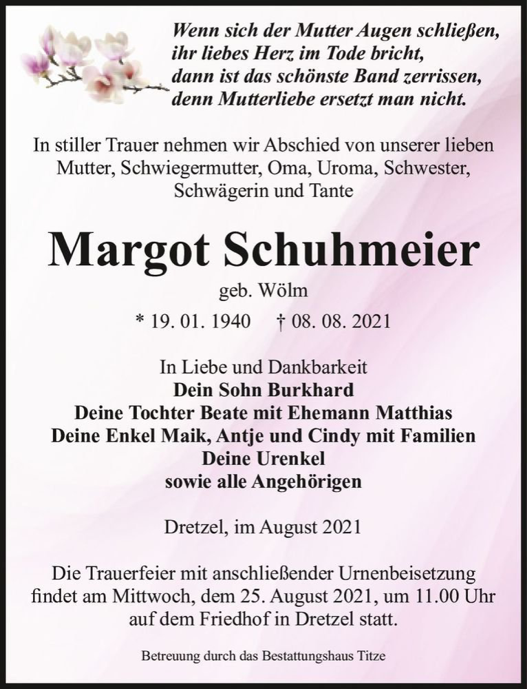  Traueranzeige für Margot Schuhmeier (geb. Wölm)  vom 14.08.2021 aus Magdeburger Volksstimme