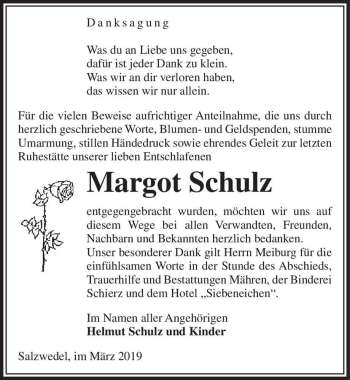 Traueranzeige von Margot Schulz  von Magdeburger Volksstimme